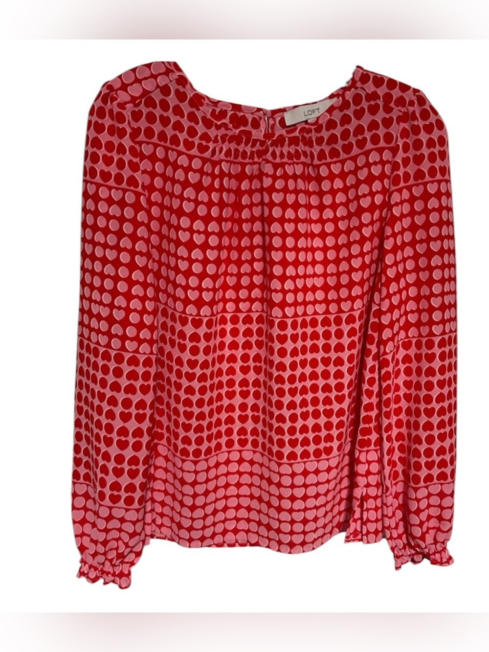 LOFT Long Sleeve Pull Over Blouse With Red/Pink Heart Pattern In Womens Size XS
